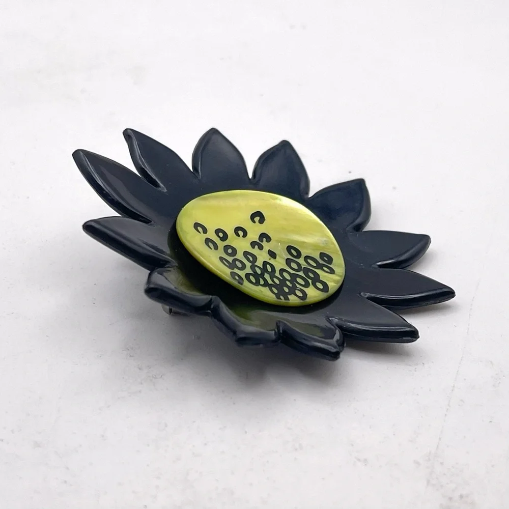Vintage Artisan Resin Sunflower Brooch Black and Abalone Lime Green Handpainted